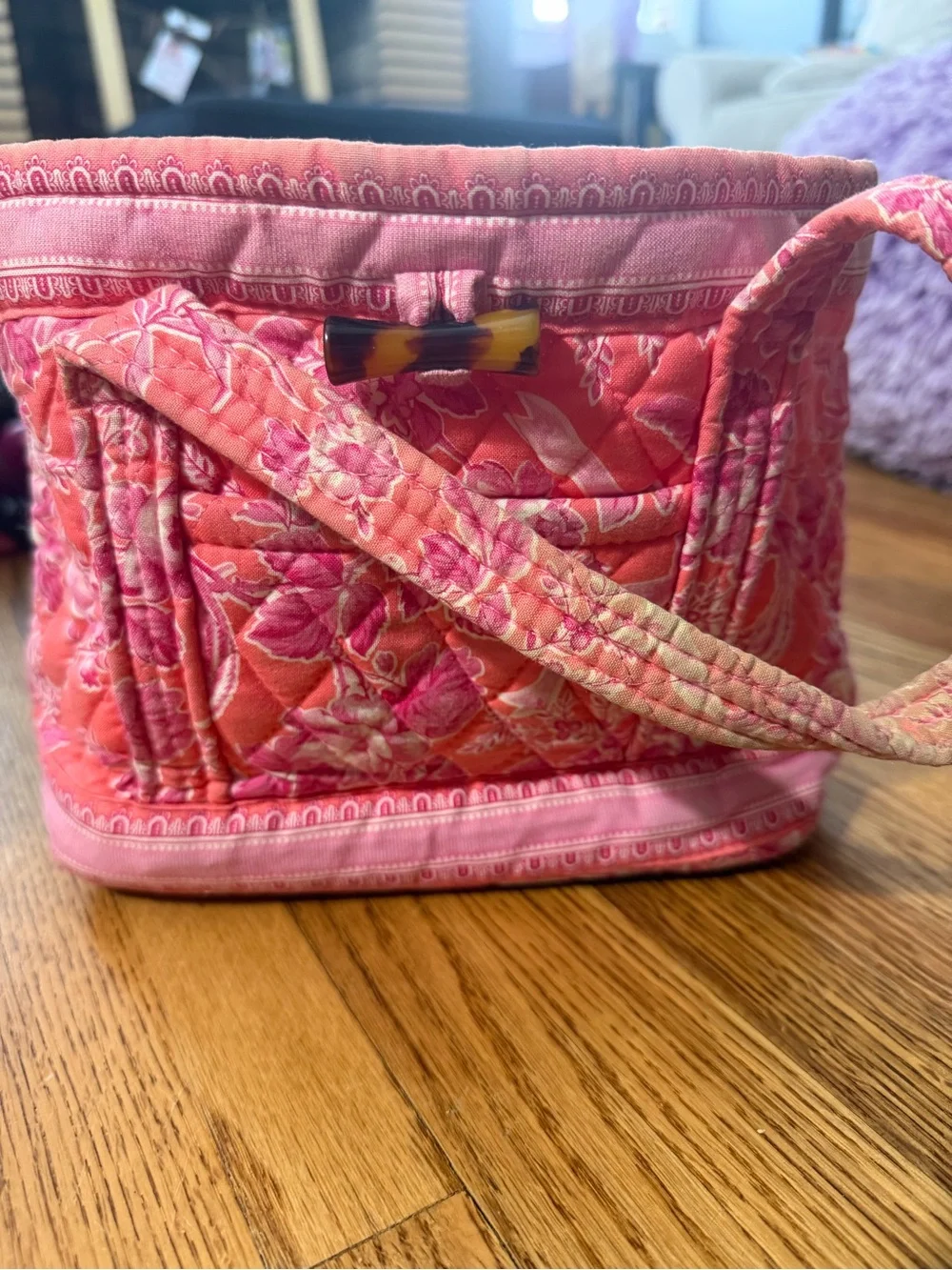 Vera Bradley Coral Pink Quilted Floral Cosmetic Bag with Tortoiseshell Accent